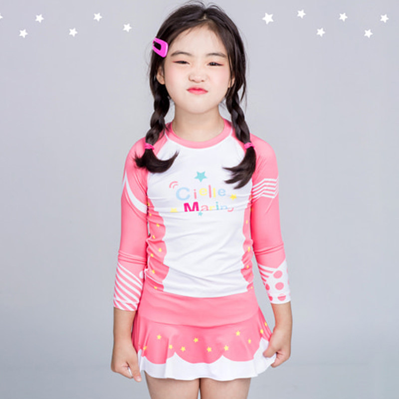 儿童潜水服女童分体防晒速干冲浪游泳衣浮潜韩国星星粉色短裙上衣