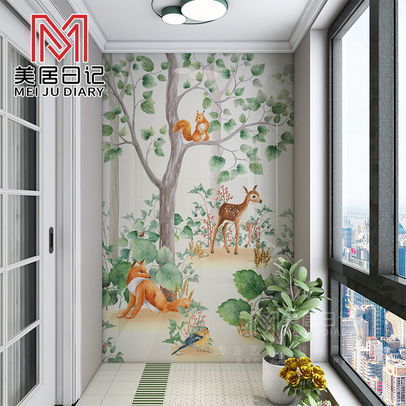 客厅玄关阳台走廊过道手绘艺术植物森林动物瓷砖画背景墙岩板墙砖