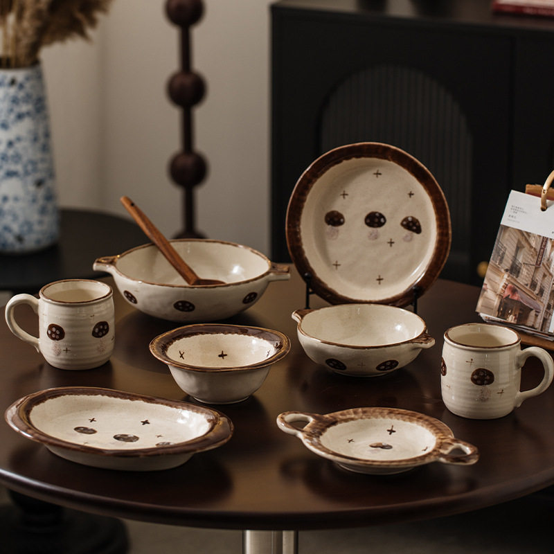 玫瑰家新款手捏陶瓷蘑菇双耳汤碗水果沙拉面碗釉下彩咖啡杯汤盆,餐饮具,碗,淘宝优惠券,粉丝福利购,淘宝优惠卷