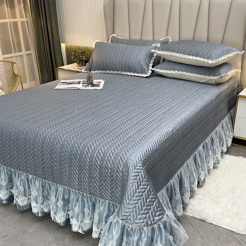 夏季床盖冰丝席三件套蕾丝花边床单凉席可折叠纯色机洗席子空调席