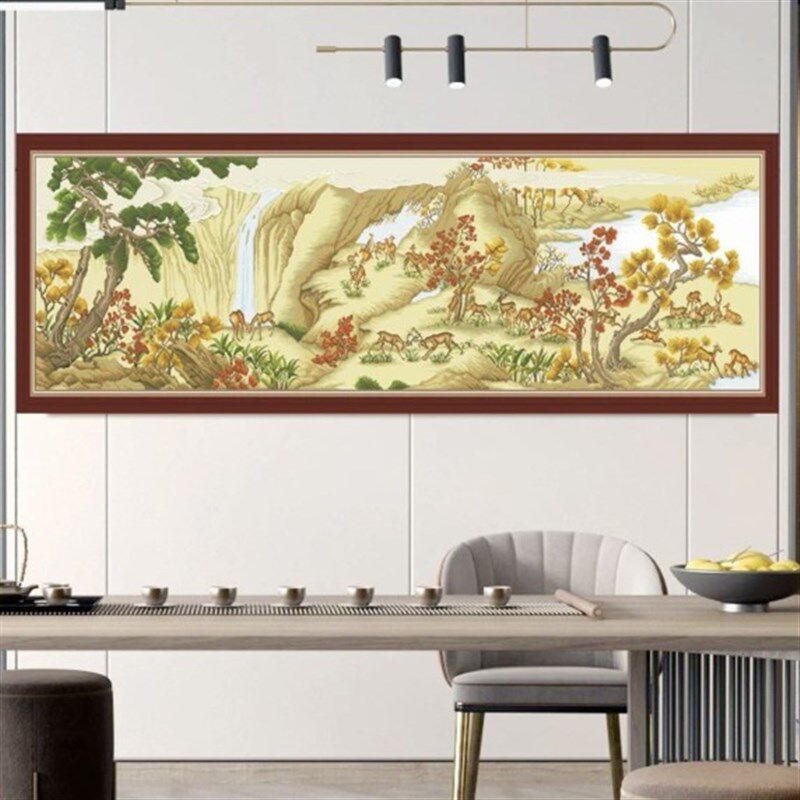 百鹿图十字绣新款客厅展厅大幅满绣中式高端名画刺绣风景手工自绣