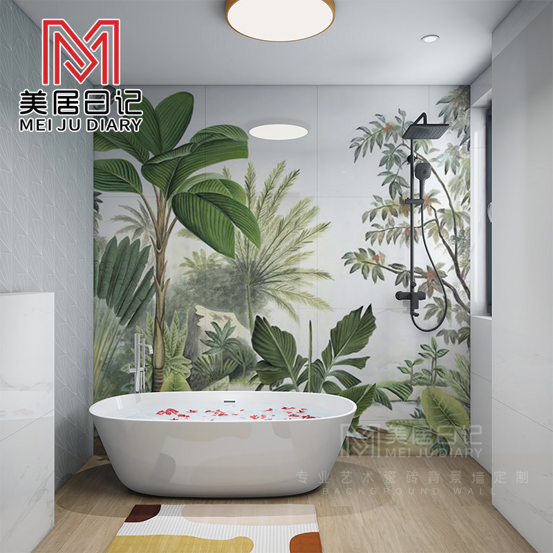 卫生间浴室微晶石森林系植物动物花卉瓷砖画背景墙艺术壁画岩板
