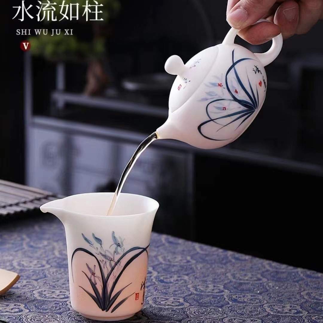 壶商务套装手绘盖碗茶茶具功夫办公室茶具素烧会客羊脂玉家用
