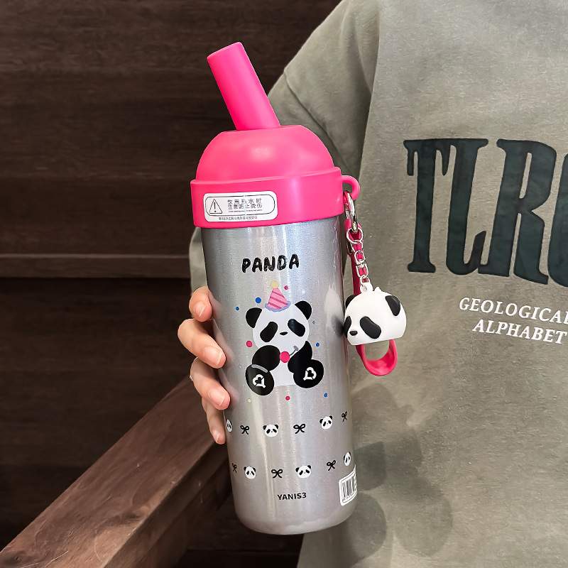 yanis3儿童保温杯2024新款学生上学专用便携女生高颜值熊猫吸管杯