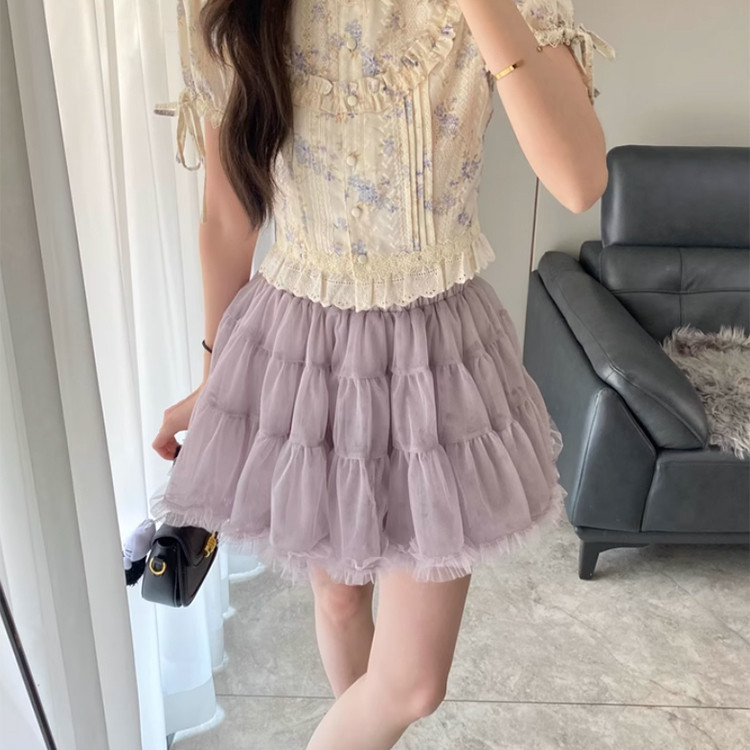 小精灵千金感蕾丝拼接碎花衬衫上衣网纱短裙两件套装女夏2025新款