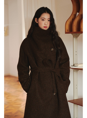 “生姜与橡木”单面尼厚实收腰立领羊毛外套复古肌理感大衣