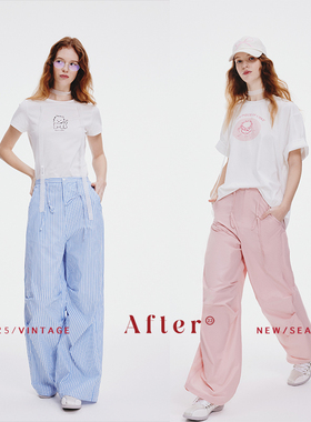 After22春夏清新粉色蓝色工装裤降落伞裤女