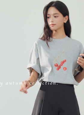 After22“樱桃枝下”质感棉质宽松廓形感两色短袖T恤上衣