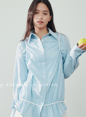 After22“海盐苏打”设计感褶皱撞色设计长袖衬衫