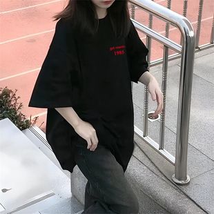 黑色短袖 新款 美式 T恤女2025夏季 上衣 ins小众韩版 宽松学生纯棉半袖