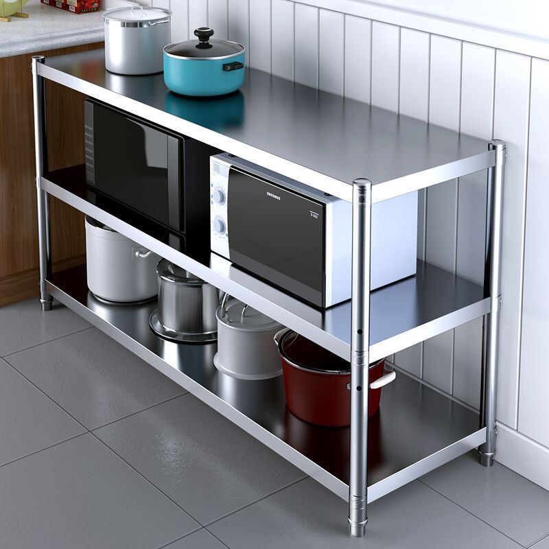 不锈钢厨房置物架带轮子三层可移动微波炉烤箱多3层滑轮架子落地