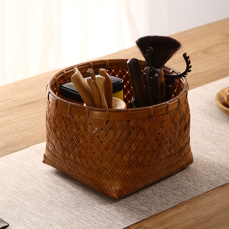 竹编圆口方底筐竹编筐竹篓圆筐四脚筐点心筐收纳筐零食筐家用收纳