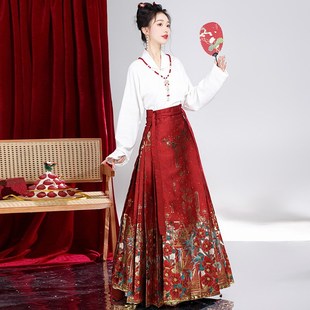 红姝玉影汉服女红色飞机袖毛呢大衣马面裙婚服中式国风订婚婚服套