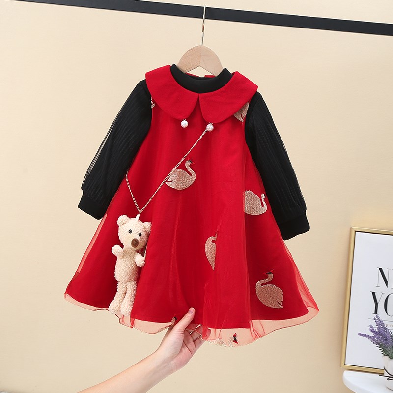 女童毛呢背心裙秋冬季儿童洋气公主女孩加绒红色呢子娃娃领连衣裙