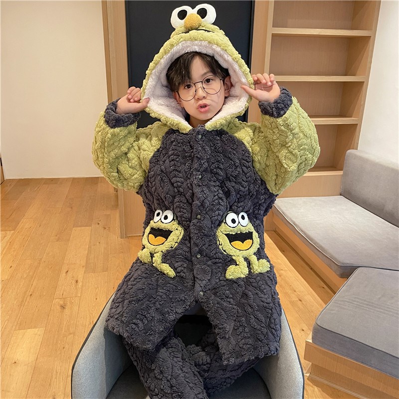 儿童睡衣男童秋冬季法兰绒三层夹棉男孩中大童珊瑚绒睡袍长款套装