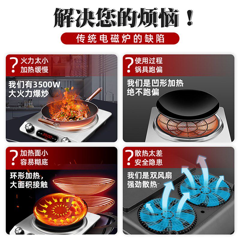 曼太家用2025新款凹面电磁炉炒菜锅爆炒一体大功率智能凹型套装