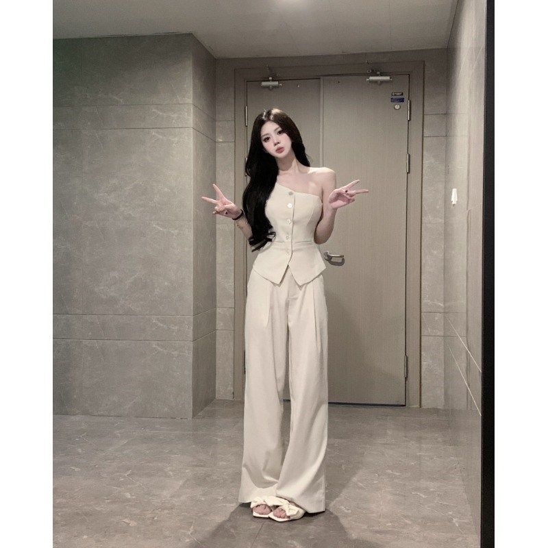 干练气质套装设计感斜肩马甲背心女夏季西装拖地阔腿裤两件套女装