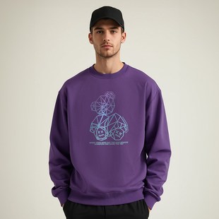 紫色卫衣2024新款重磅美式圆领加肥加大码男装纯棉无帽加绒春秋季