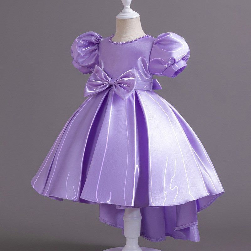 新款女童中大童公主风花边拖尾主持人连衣裙秋冬表演裙花童礼服裙