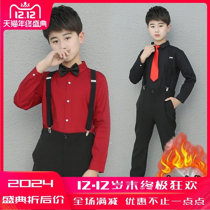 儿童红色长袖衬衫加绒中大童学校合唱演出服套装男童白衬衣长袖