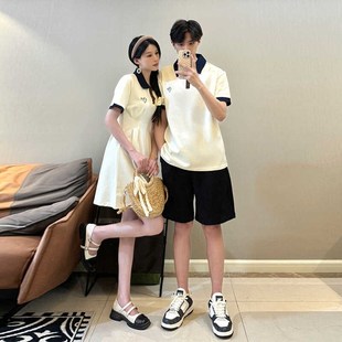 情侣装夏季2024新款高级感法式连衣裙设计感polo领短袖一裙一衣潮