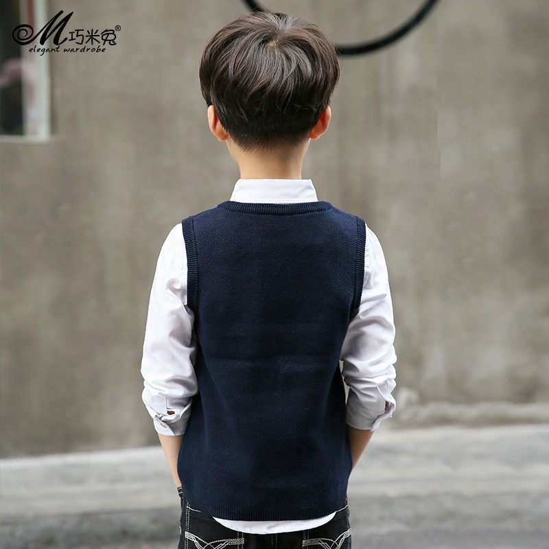 男童毛衣背心2021春秋装新款纯棉v领套头针织衫中大儿童格子马甲