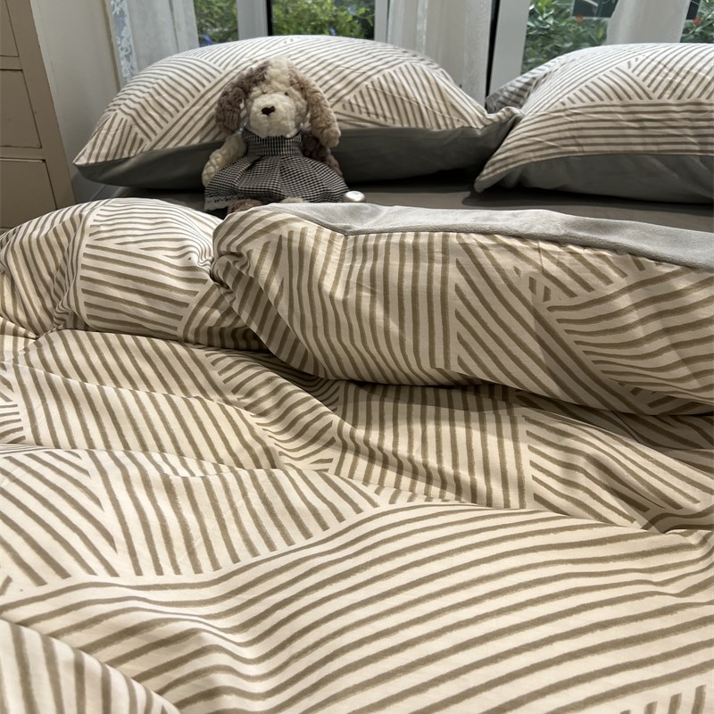 北欧简约条纹棉加绒四件套A面全棉纯棉B面宝宝绒被套公寓1.5m1.8