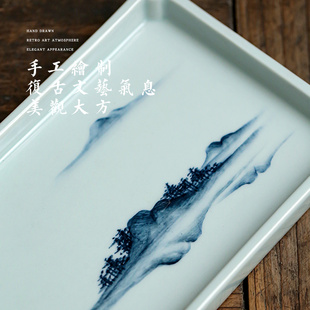 仿古茶道陶瓷干泡台手绘青花瓷茶盘壶承禅意养壶茶台家用小茶点盘