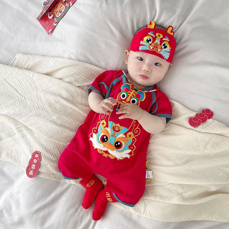 宝宝满月服夏季红色喜庆新生儿连体衣百天百岁宴龙年婴儿男女衣服
