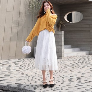 大码纱裙半身裙中长款白色仙女网纱裙秋冬显瘦垂感遮胯蕾丝百褶裙