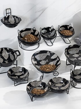 黑色鱼猫碗斜口陶瓷高脚水碗猫食盆猫粮碗大口径狗碗防黑下巴宠物
