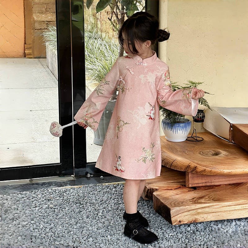 女童新中式国风长袖旗袍2024秋装古风连衣裙儿童宽松汉服洋气裙子