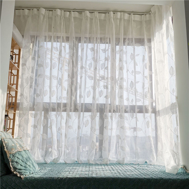 免打孔魔术贴窗帘窗纱帘叶子小清新自粘式北欧简约卧室窗帘布白色