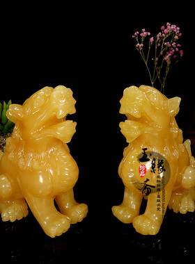 天然米黄玉石貔貅摆件望天吼一对客厅店铺客厅乔迁新居装饰品