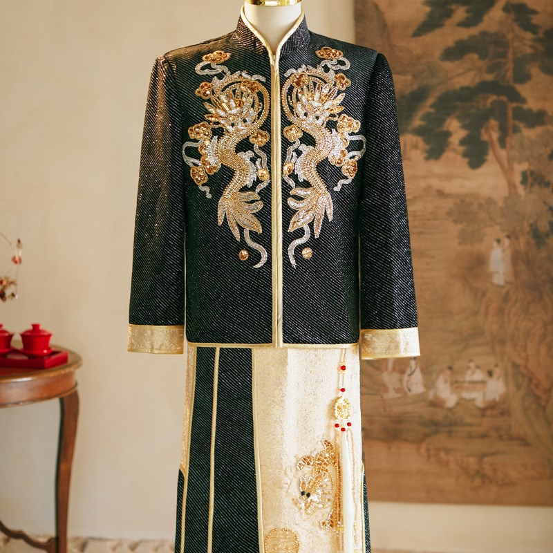 黑色秀禾服男士2025新款中式结婚新郎敬酒服男生喜服龙凤褂接亲服