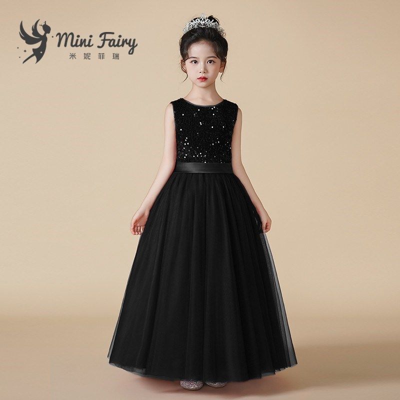 女童高端亮片晚礼服黑色合唱指挥服钢琴演出服长款网纱蓬蓬裙定制