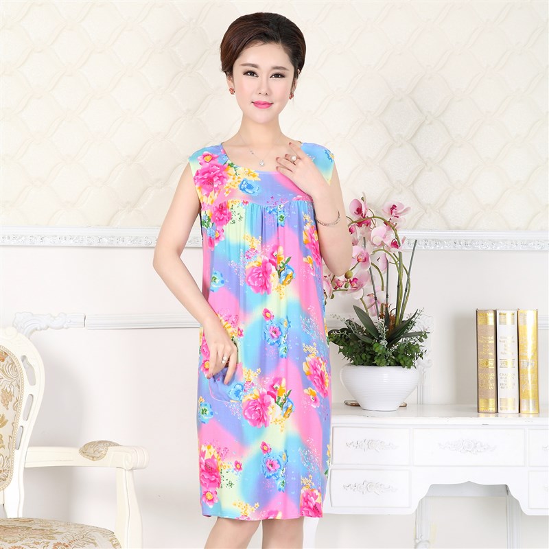 纯棉绸无袖薄款睡衣女夏中老年妈妈纯棉绸大码睡裙宽松绵绸连衣裙