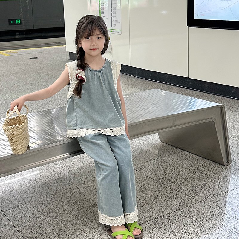 女童牛仔背心上衣阔腿裤两件套2024新款夏款女孩童装无袖套装洋气