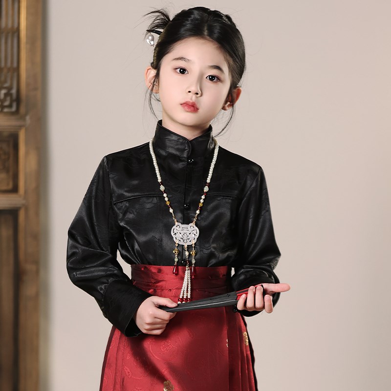 搭配马面裙上衣女童儿童改良汉服套装对襟黑色长袖衬衫女孩潮国风