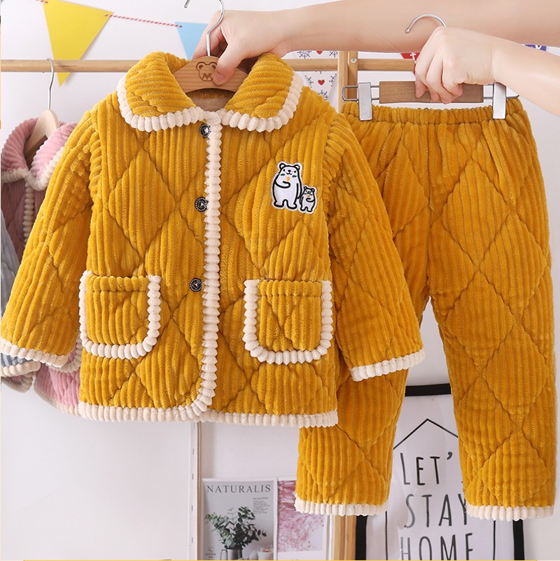 儿童法兰绒睡衣冬季女童男童珊瑚绒加厚款宝宝套装秋天夹棉家居服