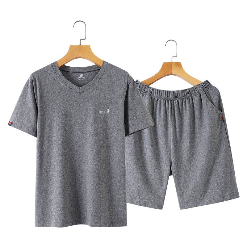 男士V领短袖短裤薄款大码纯棉宽松睡衣男家居服睡裤套装夏季t恤