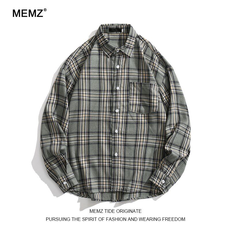MEMZ春秋季复古格子设计长袖衬衫男港风宽松学生百搭带口袋衬衣潮