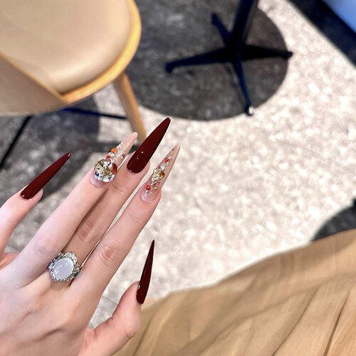 手工定制穿戴甲长款新年战甲红色满钻猫眼显白婚甲新娘孕妇穿戴甲