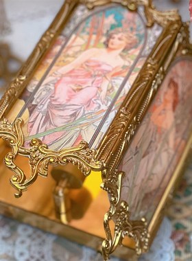 法式中古复古穆夏玻璃电台灯黄铜床头灯书桌过道吊灯充电夜灯壁灯