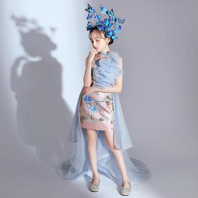 国潮女童走秀礼服夸张中国风儿童模特T台时装演出服霸气潮服拖尾