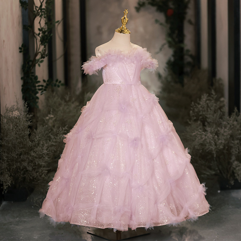 女童礼服轻奢小众高端秋冬粉紫色儿童小主持人钢琴演奏演出服生日