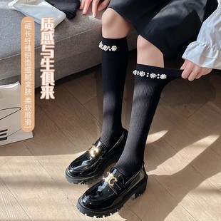 小腿袜子女长筒袜春秋季 jk风珍珠堆堆棉袜 黑色高帮中筒袜美腿个性