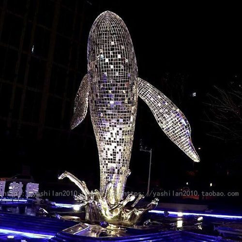 厂家定制不锈钢金属网架编织烤漆发光变色鲸鱼雕塑摆件互动装置