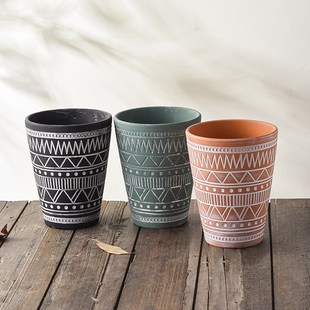 红陶土花盆圆形瘦高款做旧复古图腾元素透气陶瓷素烧绿植盆栽陶盆