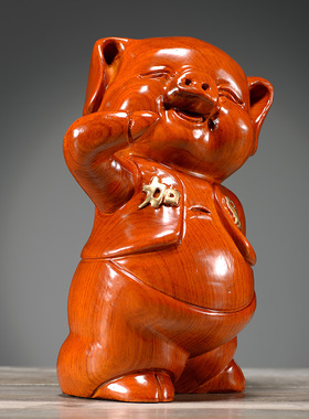 花梨木雕猪摆件努力加油猪可爱生肖动物实木质家居客厅装饰工艺品